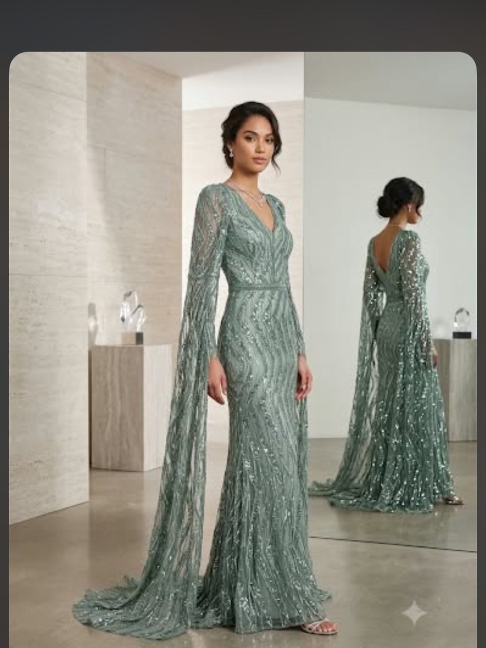 Beaded Long-Sleeve Sage Green Evening Gown